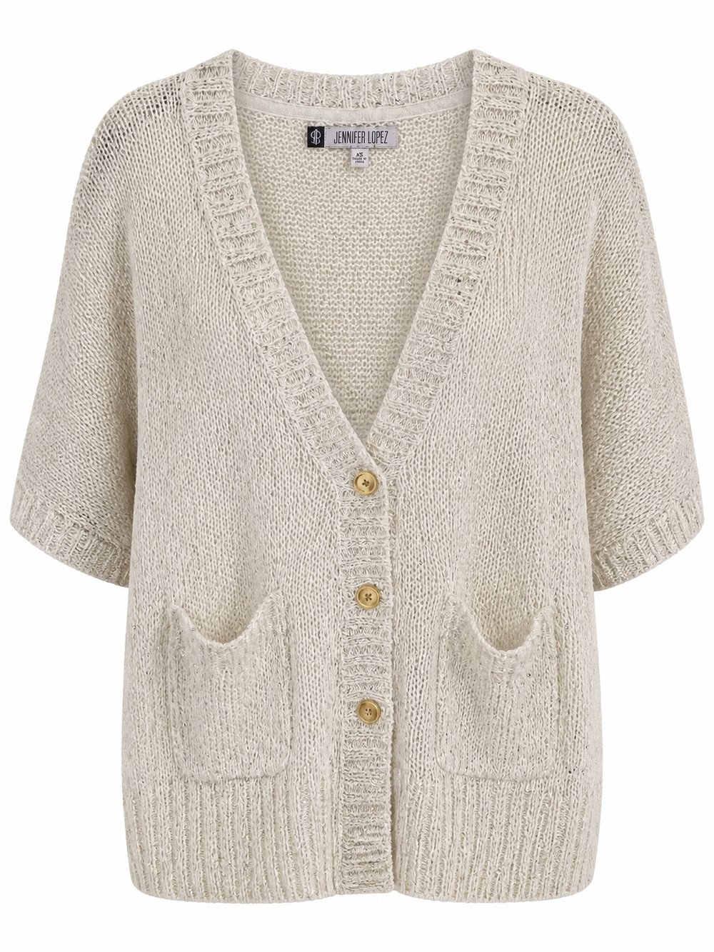 Jennifer Lopez Cream Short-Sleeve Knit Cardigan Sweater